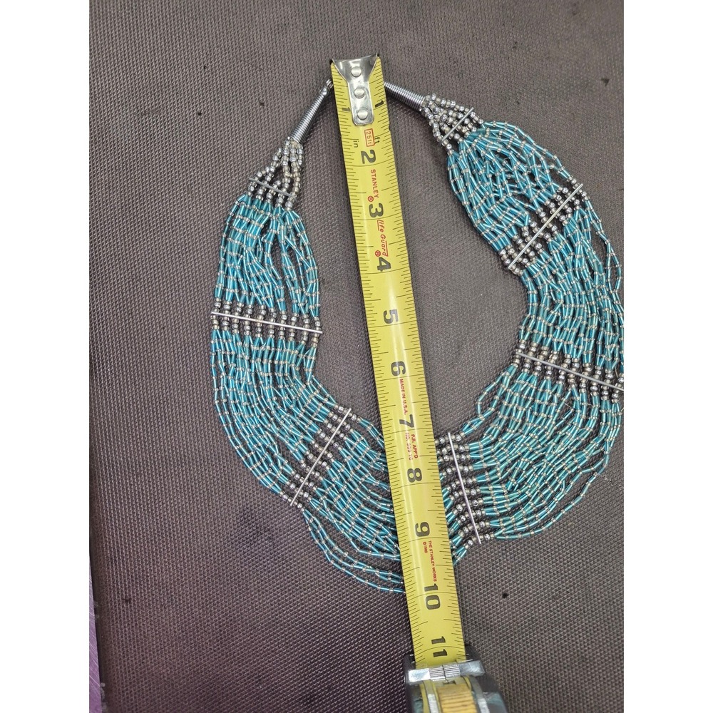 Beaded Necklace Turquoise Blue Silver Multi-Strand Statement Jewelry - Picture 3 of 6